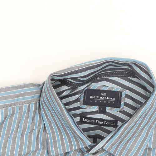Marks and Spencer Blue Harbour Men's Blue Striped Cotton Long Sleeve Shirt L
