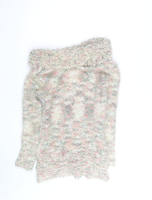 Papaya Women Pink Multicoloured Off Shoulder Fuzzy Knit Jumper Size M