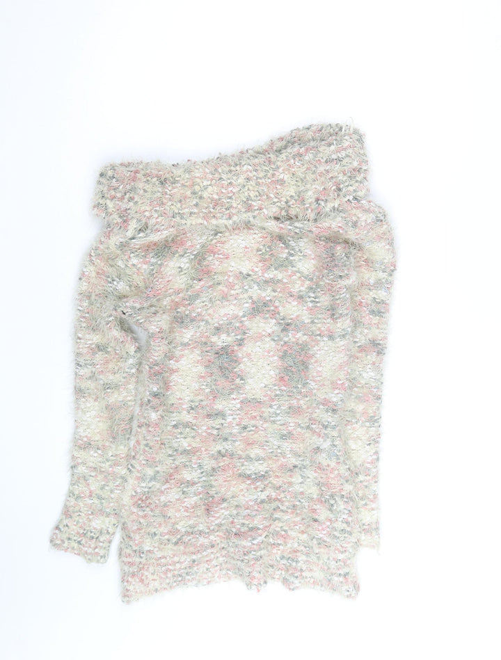 Papaya Women Pink Multicoloured Off Shoulder Fuzzy Knit Jumper Size M