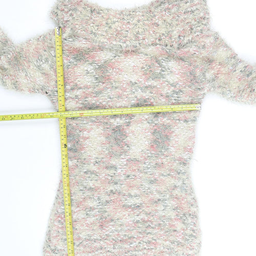 Papaya Women Pink Multicoloured Off Shoulder Fuzzy Knit Jumper Size M