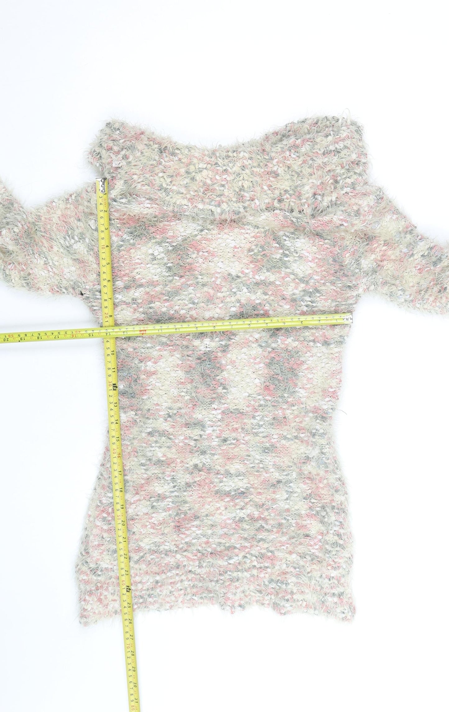 Papaya Women Pink Multicoloured Off Shoulder Fuzzy Knit Jumper Size M