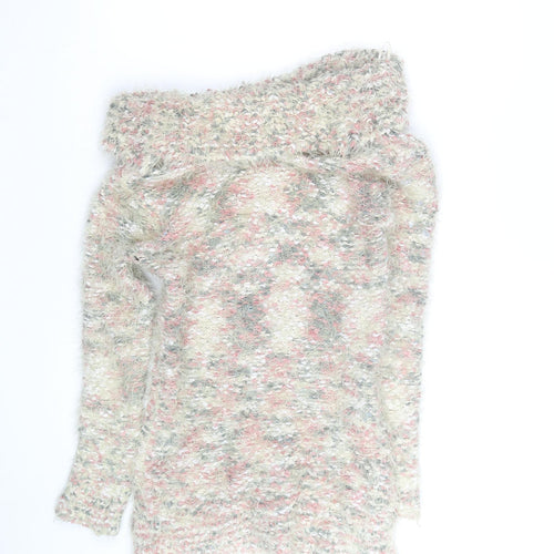Papaya Women Pink Multicoloured Off Shoulder Fuzzy Knit Jumper Size M