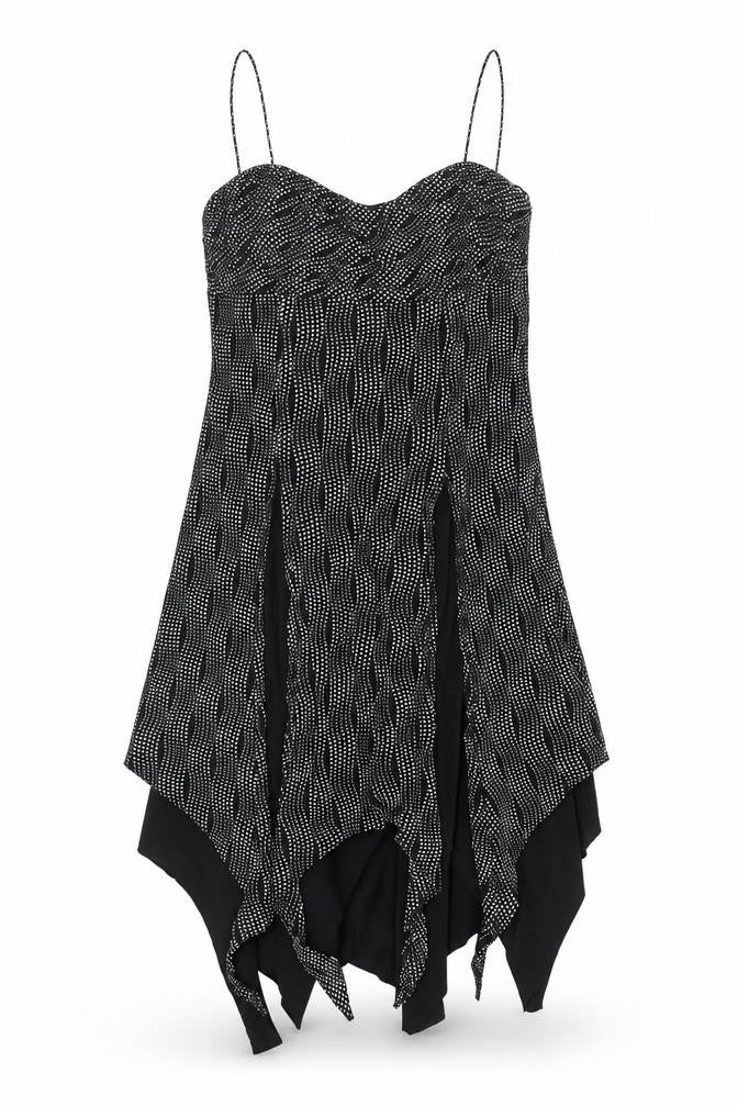 Front view of Arabella women’s black polka dot asymmetric strap dress, size UK 12