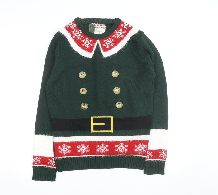 Merry Christmas Men's Green Elf Pullover Jumper Size S Winter Knit