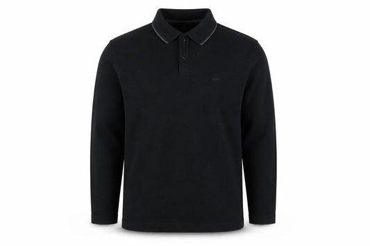 Front view of Easy Black Label Men's Black Long Sleeve Knit Polo Shirt M
