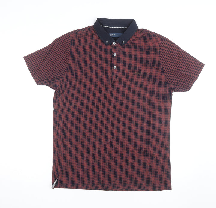 Easy Men’s Red Geometric Cotton Button-Down Polo Shirt M