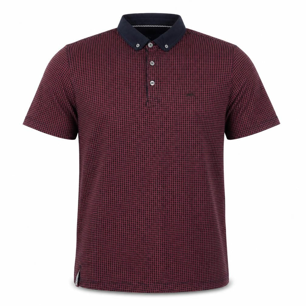 Front view of Easy Men’s Red Geometric Cotton Button-Down Polo Shirt M