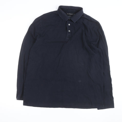 French Connection Men's Black Long Sleeve Cotton Polo Shirt 2XL Regular Fit