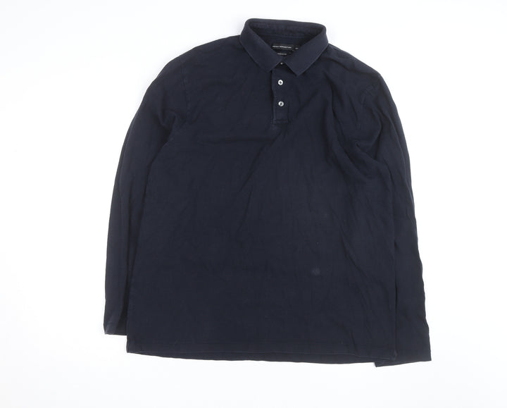 French Connection Men's Black Long Sleeve Cotton Polo Shirt 2XL Regular Fit