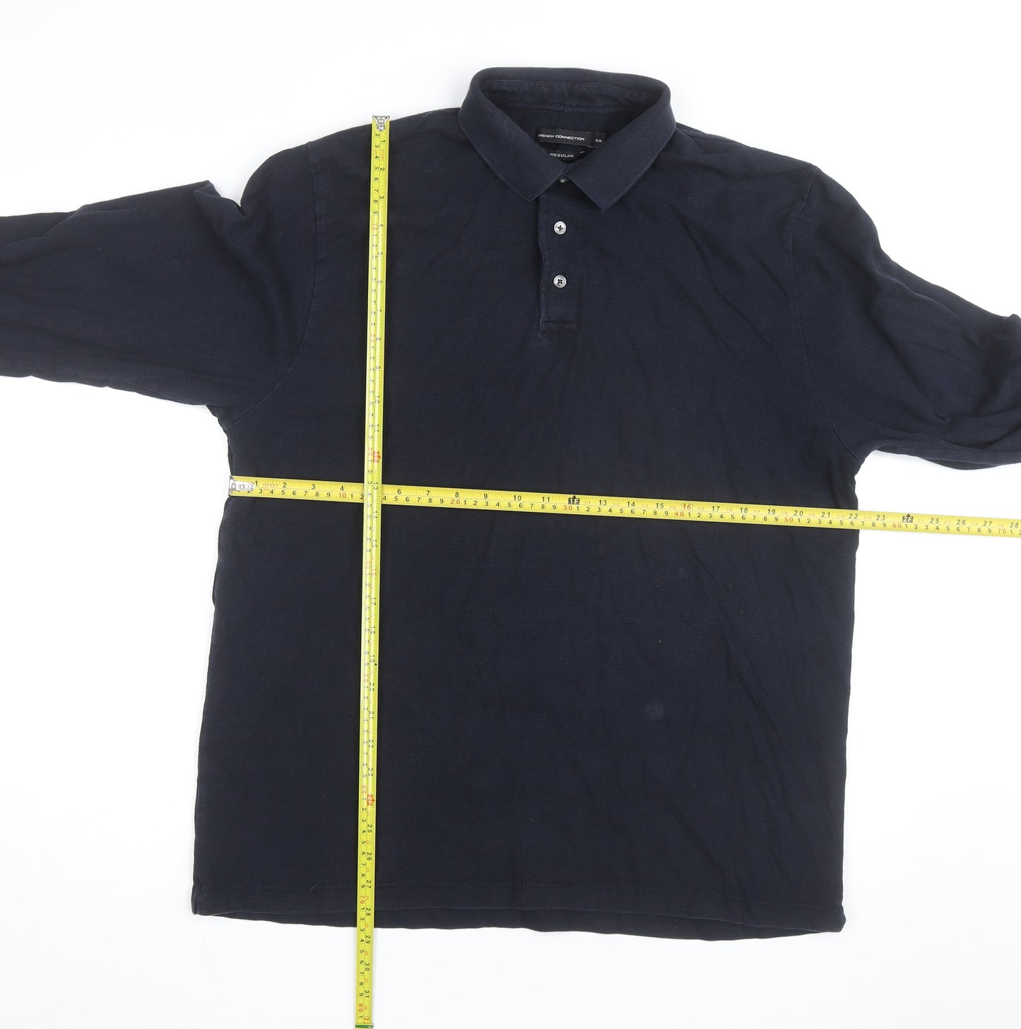 French Connection Men's Black Long Sleeve Cotton Polo Shirt 2XL Regular Fit