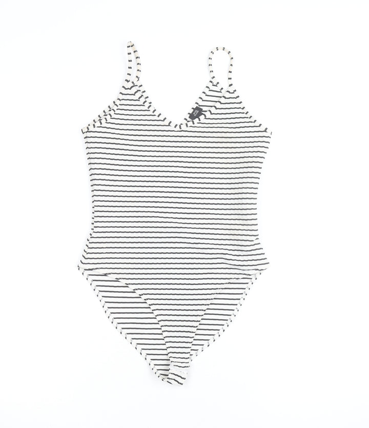 River Island Womens Black Striped Bodysuit Size 8 Sleeveless V-Neck Stretch