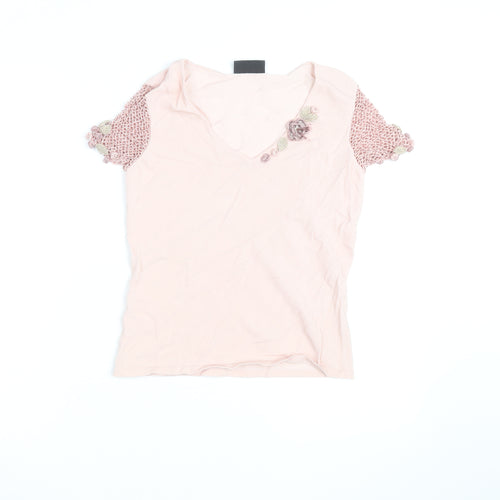 Principles Women Pink V-Neck Crochet Sleeve T-Shirt Size S