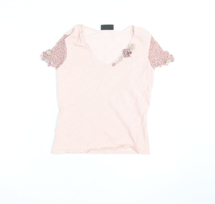 Principles Women Pink V-Neck Crochet Sleeve T-Shirt Size S