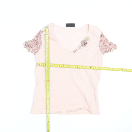Principles Women Pink V-Neck Crochet Sleeve T-Shirt Size S