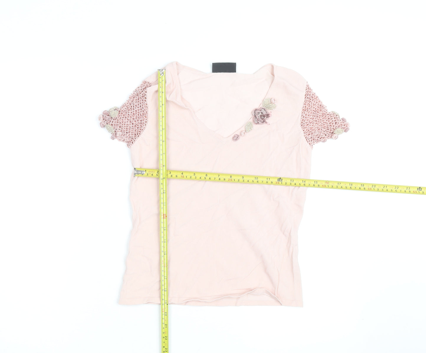 Principles Women Pink V-Neck Crochet Sleeve T-Shirt Size S