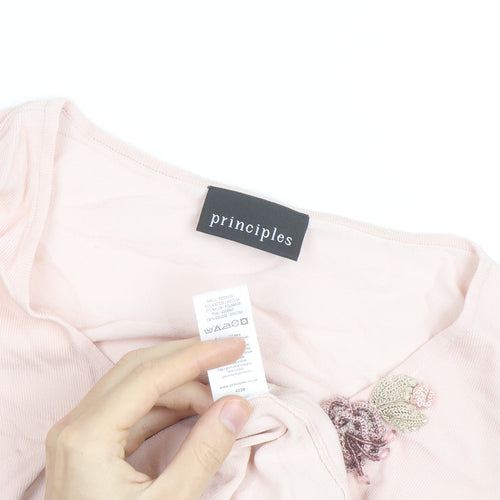 Principles Women Pink V-Neck Crochet Sleeve T-Shirt Size S