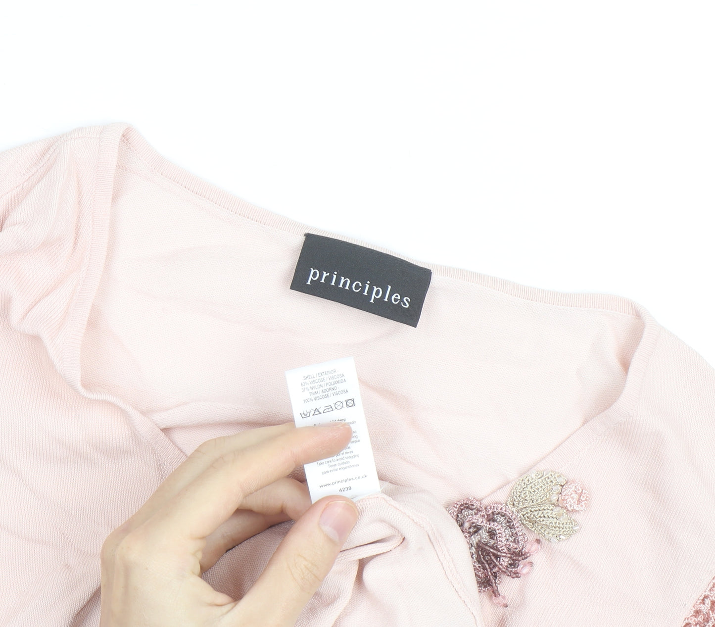 Principles Women Pink V-Neck Crochet Sleeve T-Shirt Size S