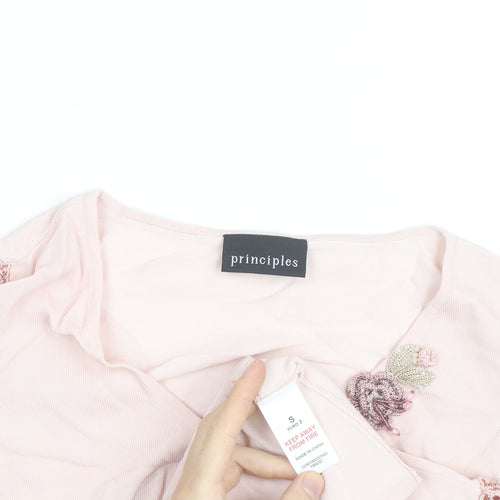 Principles Women Pink V-Neck Crochet Sleeve T-Shirt Size S