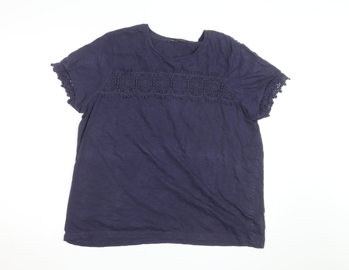 Marks and Spencer Womens Blue Crochet Trim Cotton T-Shirt Size 20