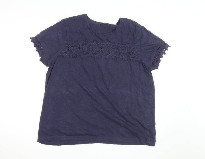 Marks and Spencer Womens Blue Crochet Trim Cotton T-Shirt Size 20