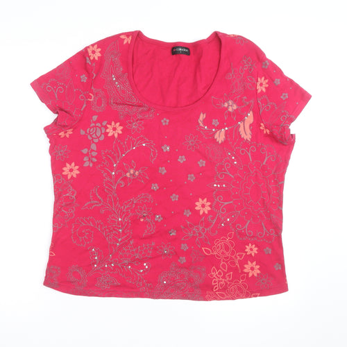 BM Collection Women's Pink Floral Beaded Short Sleeve Cotton T-Shirt L