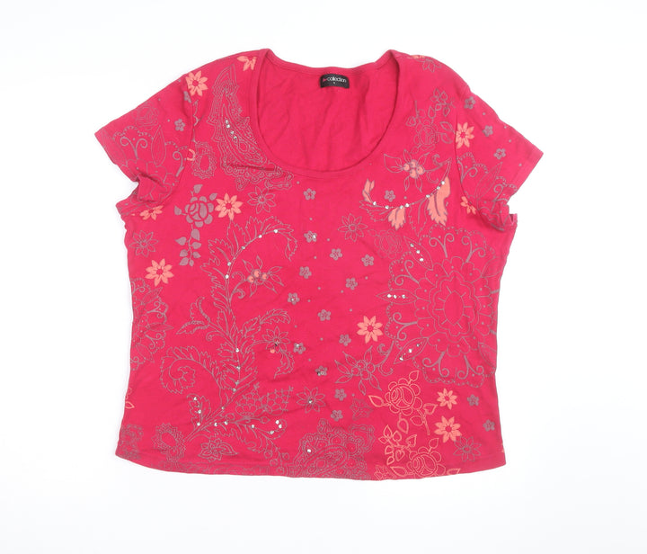 BM Collection Women's Pink Floral Beaded Short Sleeve Cotton T-Shirt L