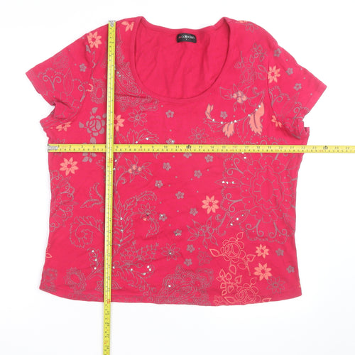 BM Collection Women's Pink Floral Beaded Short Sleeve Cotton T-Shirt L
