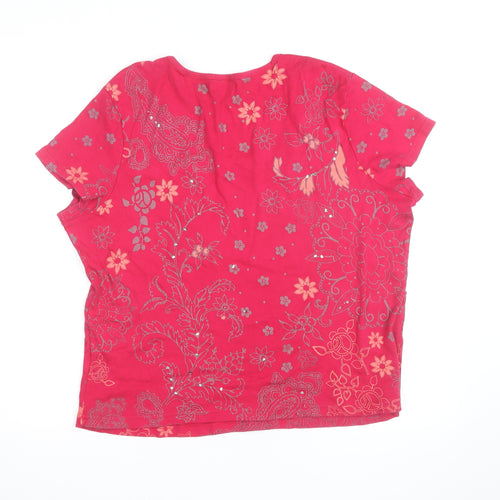 BM Collection Women's Pink Floral Beaded Short Sleeve Cotton T-Shirt L
