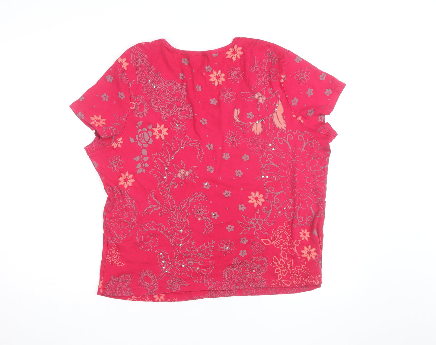 BM Collection Women's Pink Floral Beaded Short Sleeve Cotton T-Shirt L