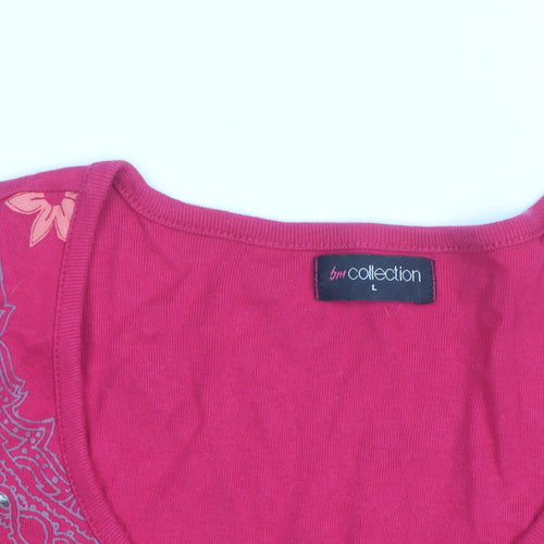 BM Collection Women's Pink Floral Beaded Short Sleeve Cotton T-Shirt L
