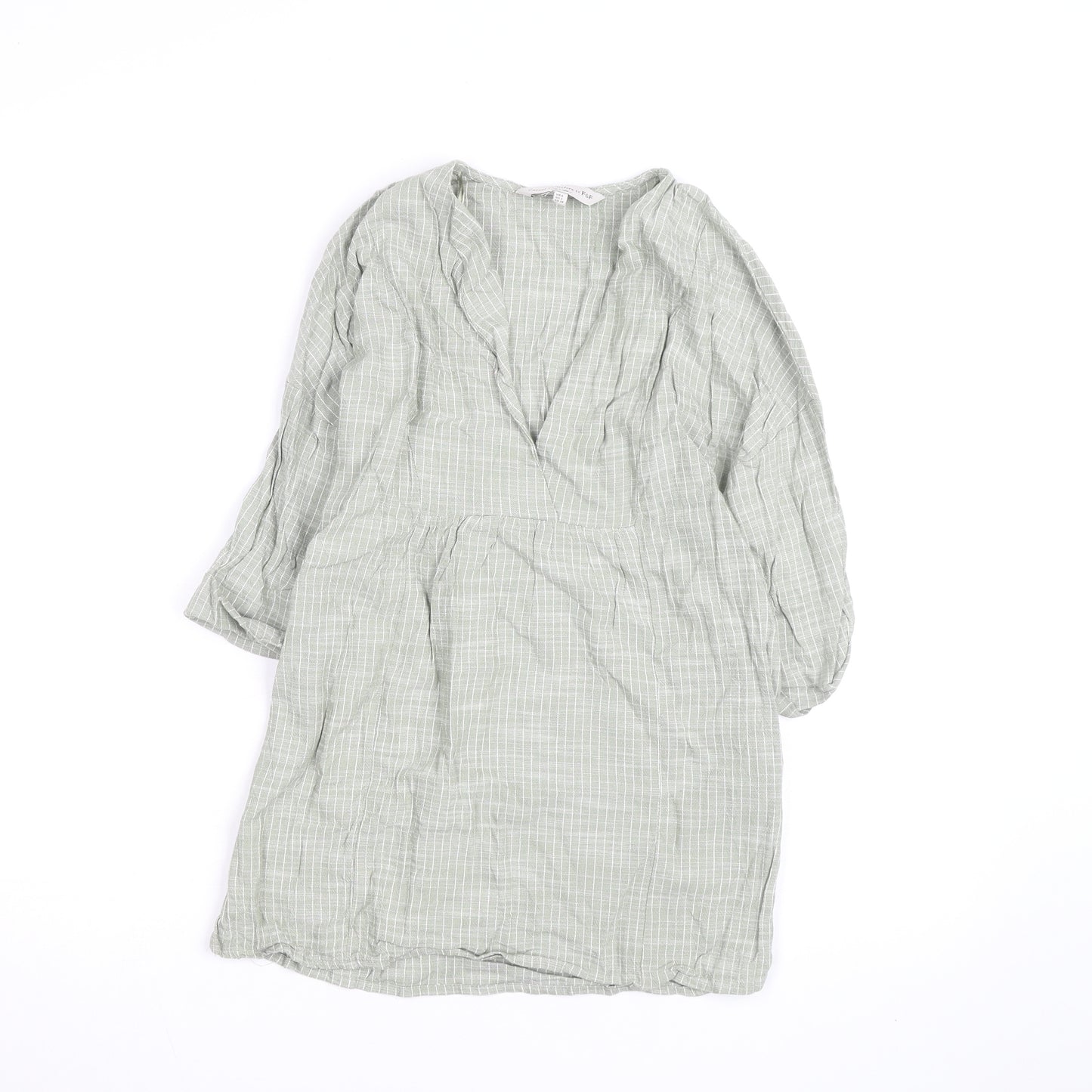 F&F Women’s Green Check Cotton Tunic Blouse Size S V-Neck 3/4 Sleeve