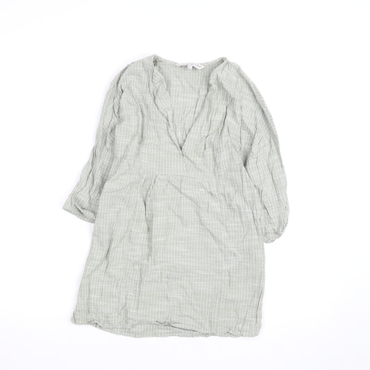 F&F Women’s Green Check Cotton Tunic Blouse Size S V-Neck 3/4 Sleeve
