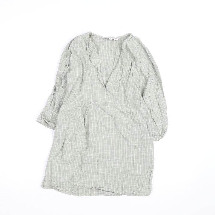 F&F Women’s Green Check Cotton Tunic Blouse Size S V-Neck 3/4 Sleeve
