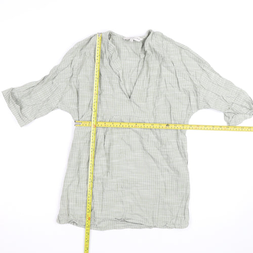 F&F Women’s Green Check Cotton Tunic Blouse Size S V-Neck 3/4 Sleeve