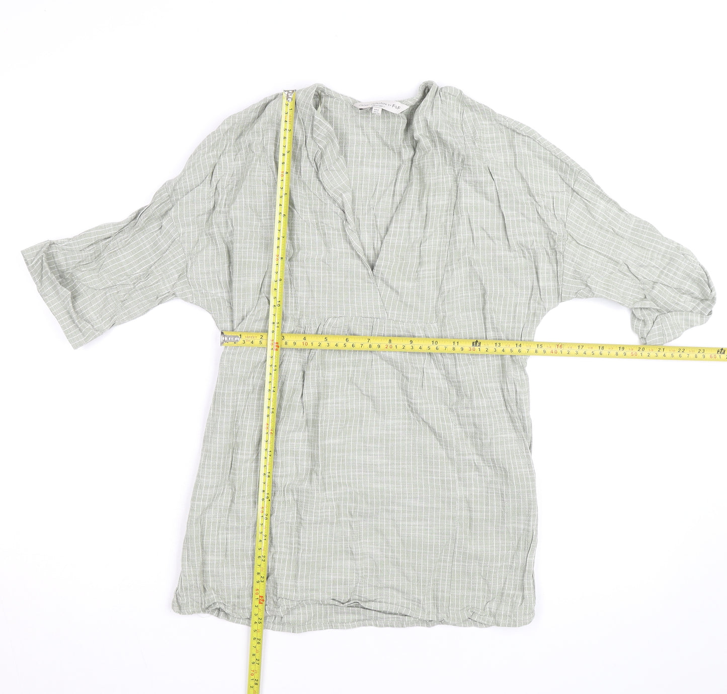 F&F Women’s Green Check Cotton Tunic Blouse Size S V-Neck 3/4 Sleeve