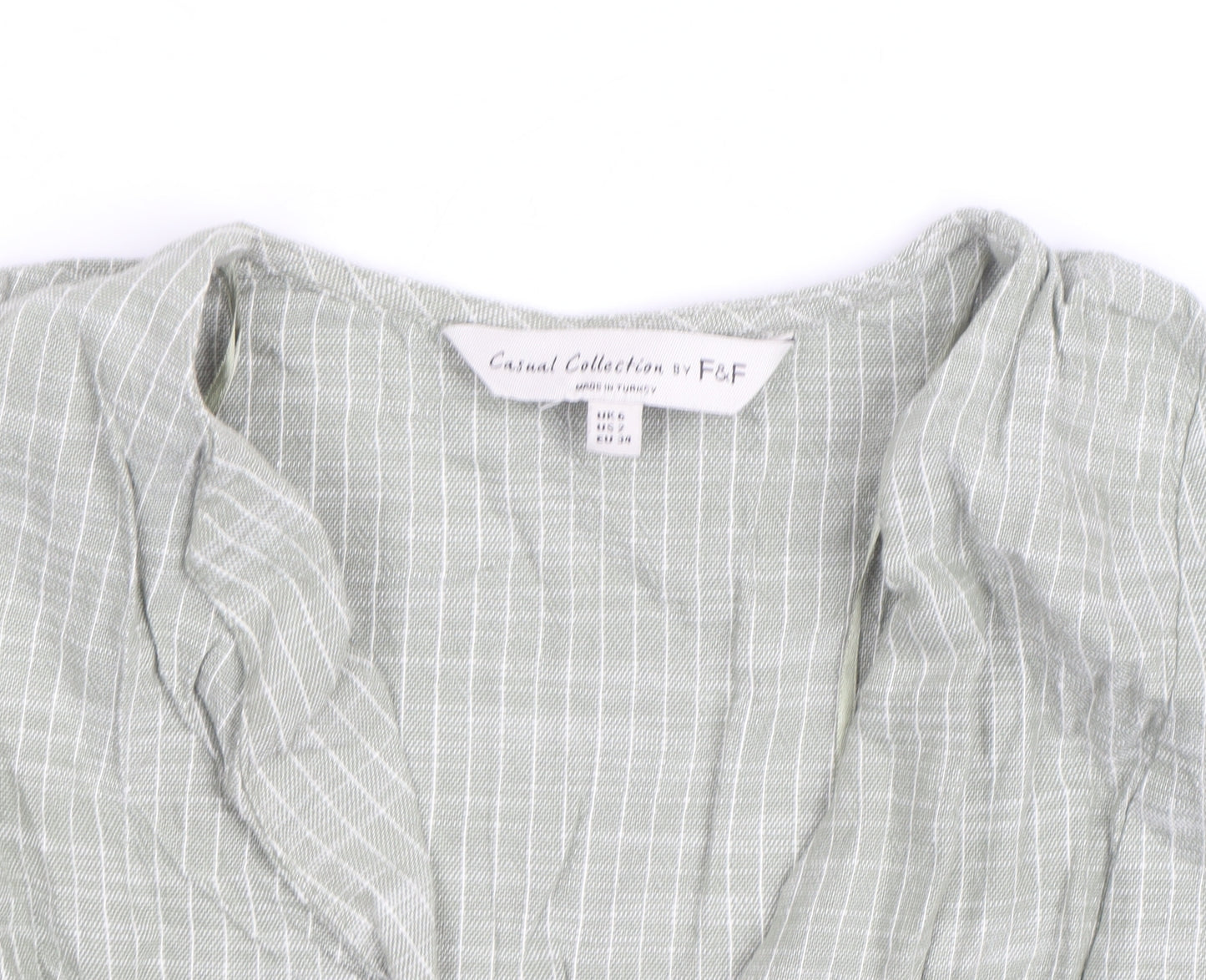 F&F Women’s Green Check Cotton Tunic Blouse Size S V-Neck 3/4 Sleeve