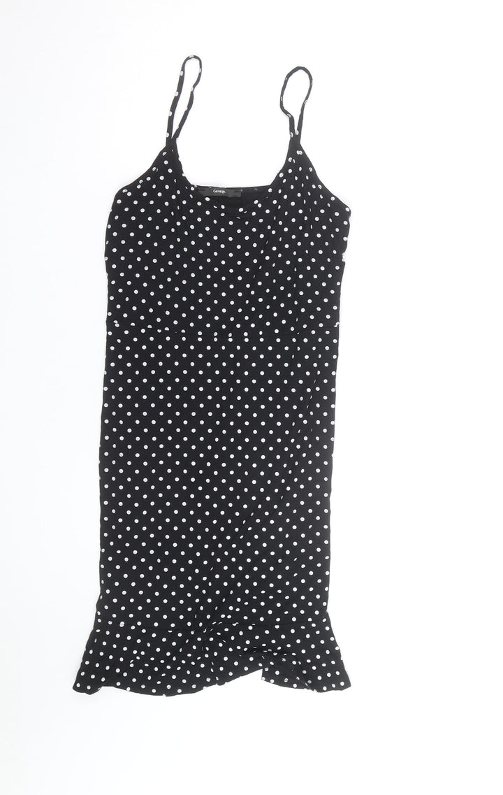 George Women’s Black Polka Dot Slip Dress Size 14 Ruffle Hem Stretch