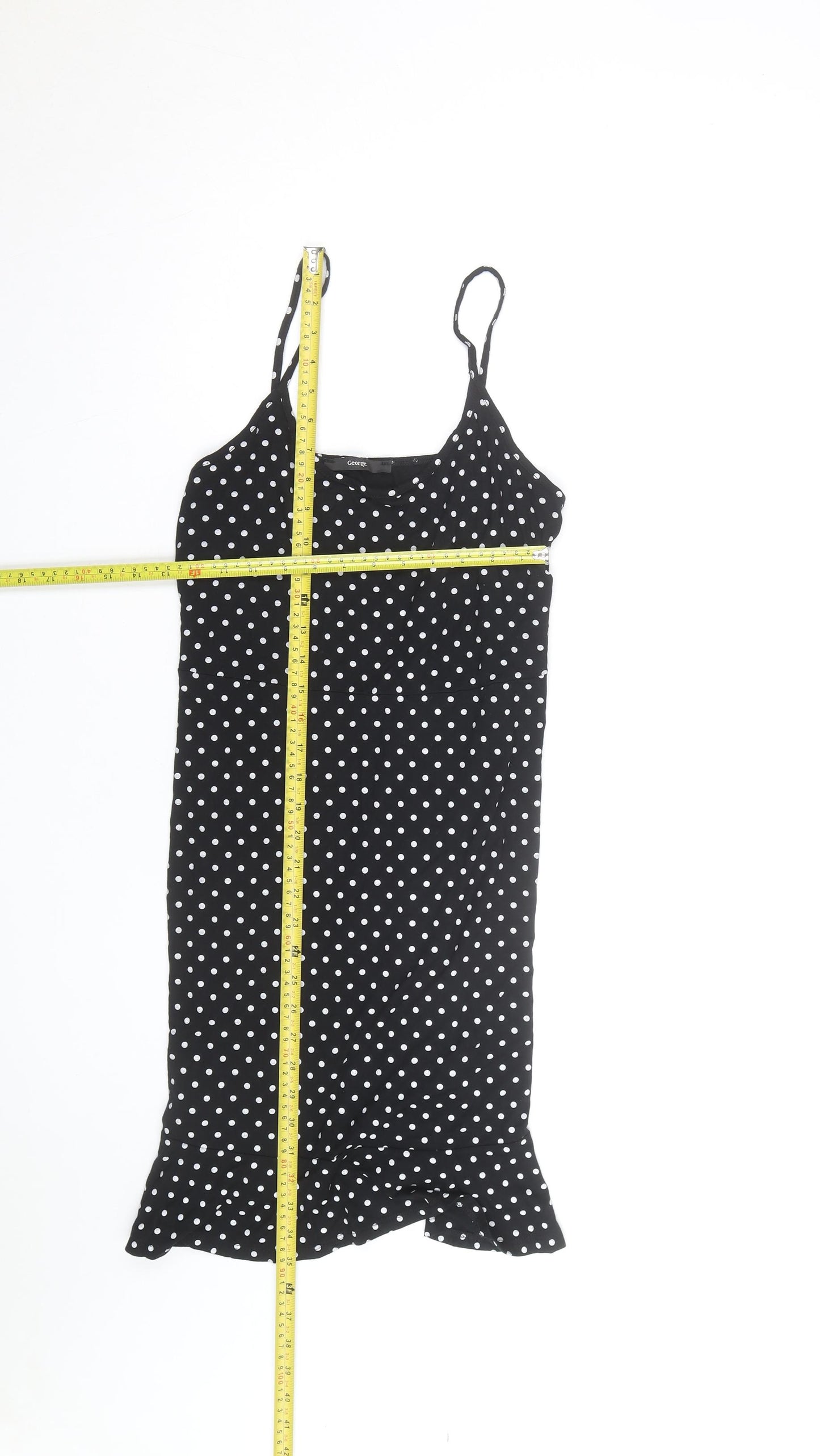 George Women’s Black Polka Dot Slip Dress Size 14 Ruffle Hem Stretch