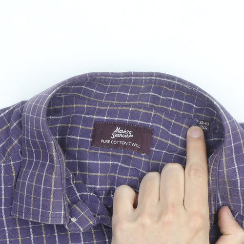 Marks and Spencer Men’s Purple Check Cotton Twill Long Sleeve Shirt 15.5