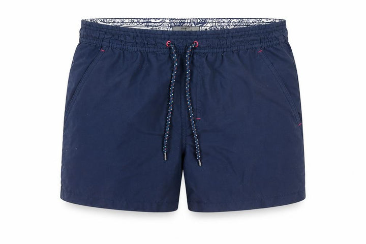 Front view of Burton Menswear London Navy Blue Swim Shorts, size S, Men's Trunks