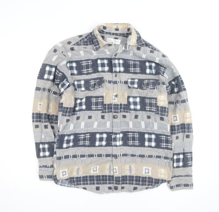 Marks and Spencer Men's Beige Check Flannel Cotton Long Sleeve Shirt S