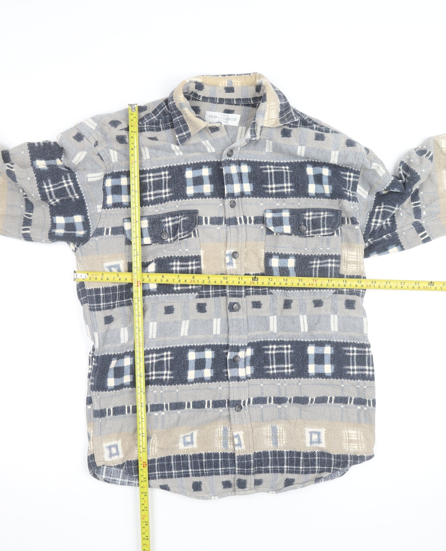 Marks and Spencer Men's Beige Check Flannel Cotton Long Sleeve Shirt S