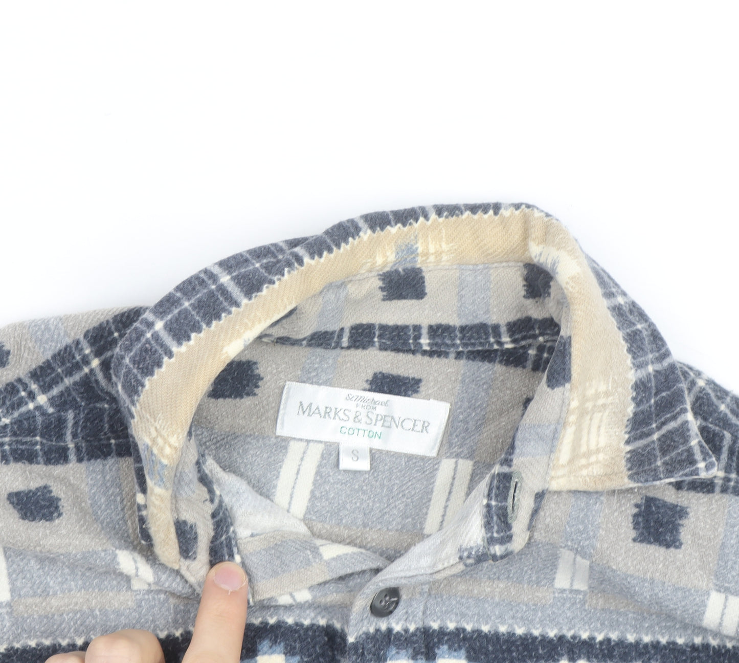 Marks and Spencer Men's Beige Check Flannel Cotton Long Sleeve Shirt S