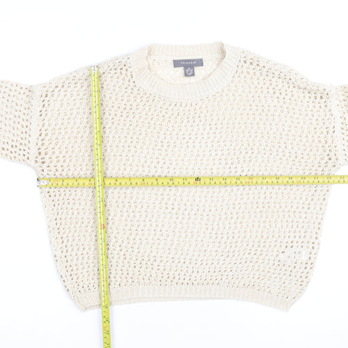 Primark Women Beige XS Open-Knit Cotton Crew Neck Jumper