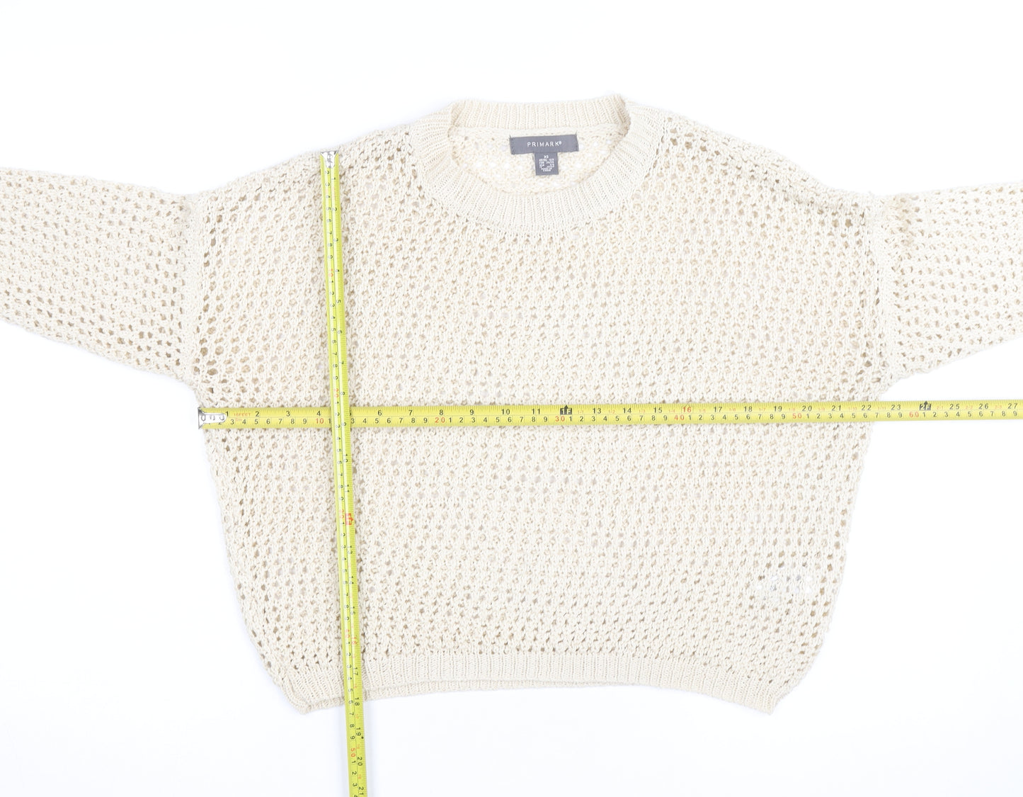 Primark Women Beige XS Open-Knit Cotton Crew Neck Jumper
