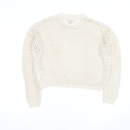 Primark Women Beige XS Open-Knit Cotton Crew Neck Jumper