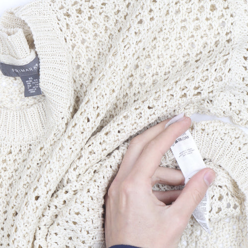 Primark Women Beige XS Open-Knit Cotton Crew Neck Jumper