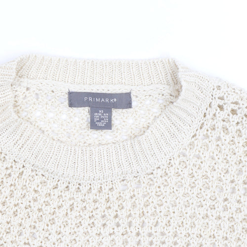 Primark Women Beige XS Open-Knit Cotton Crew Neck Jumper