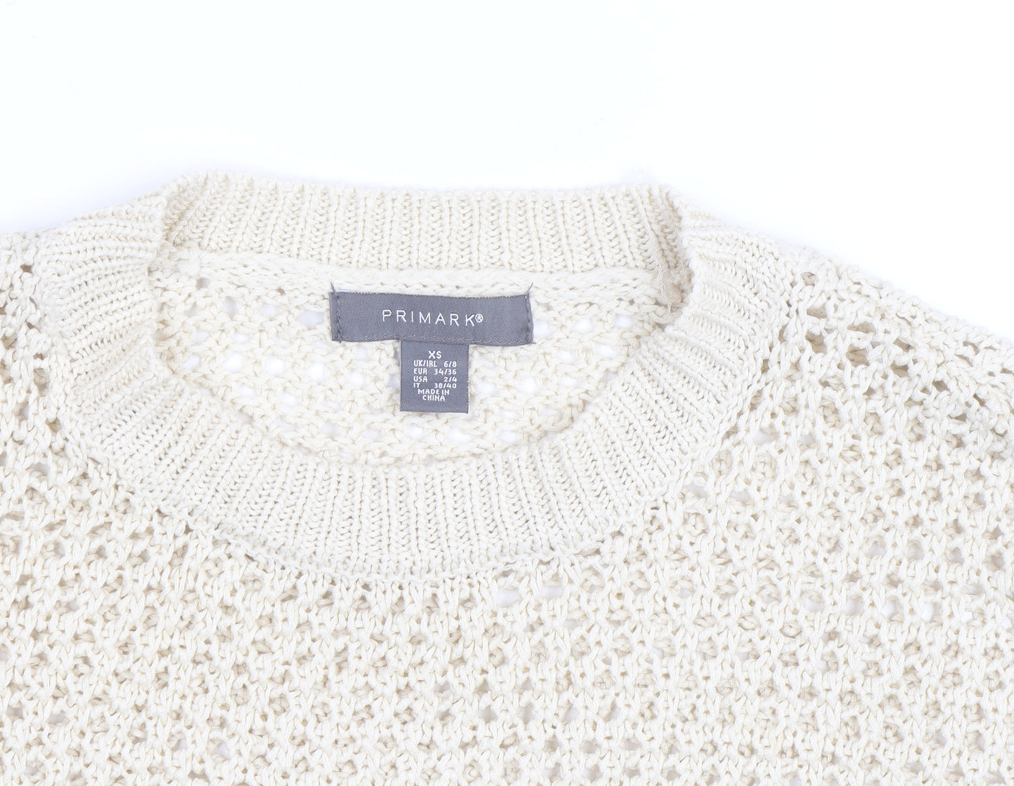 Primark Women Beige XS Open-Knit Cotton Crew Neck Jumper