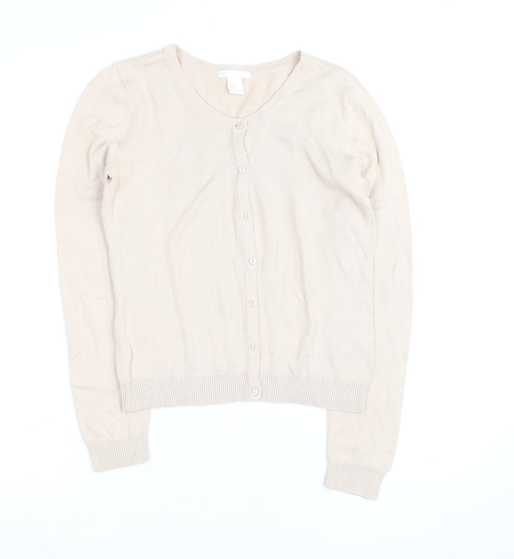 H&M Women’s Beige Cotton Knit Cardigan XS Lightweight Crew Neck